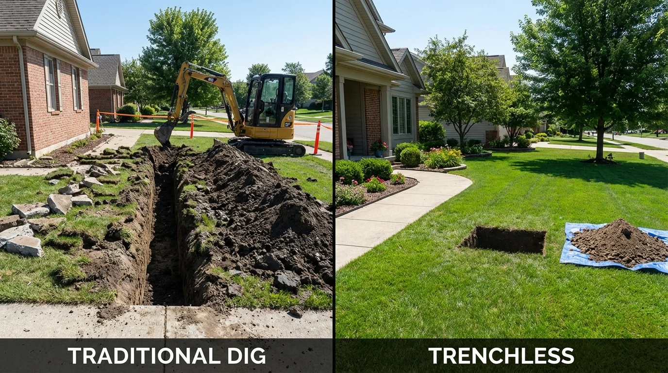 Trenchless sewer repair with minimal yard damage versus traditional excavation in Flippin, AR
